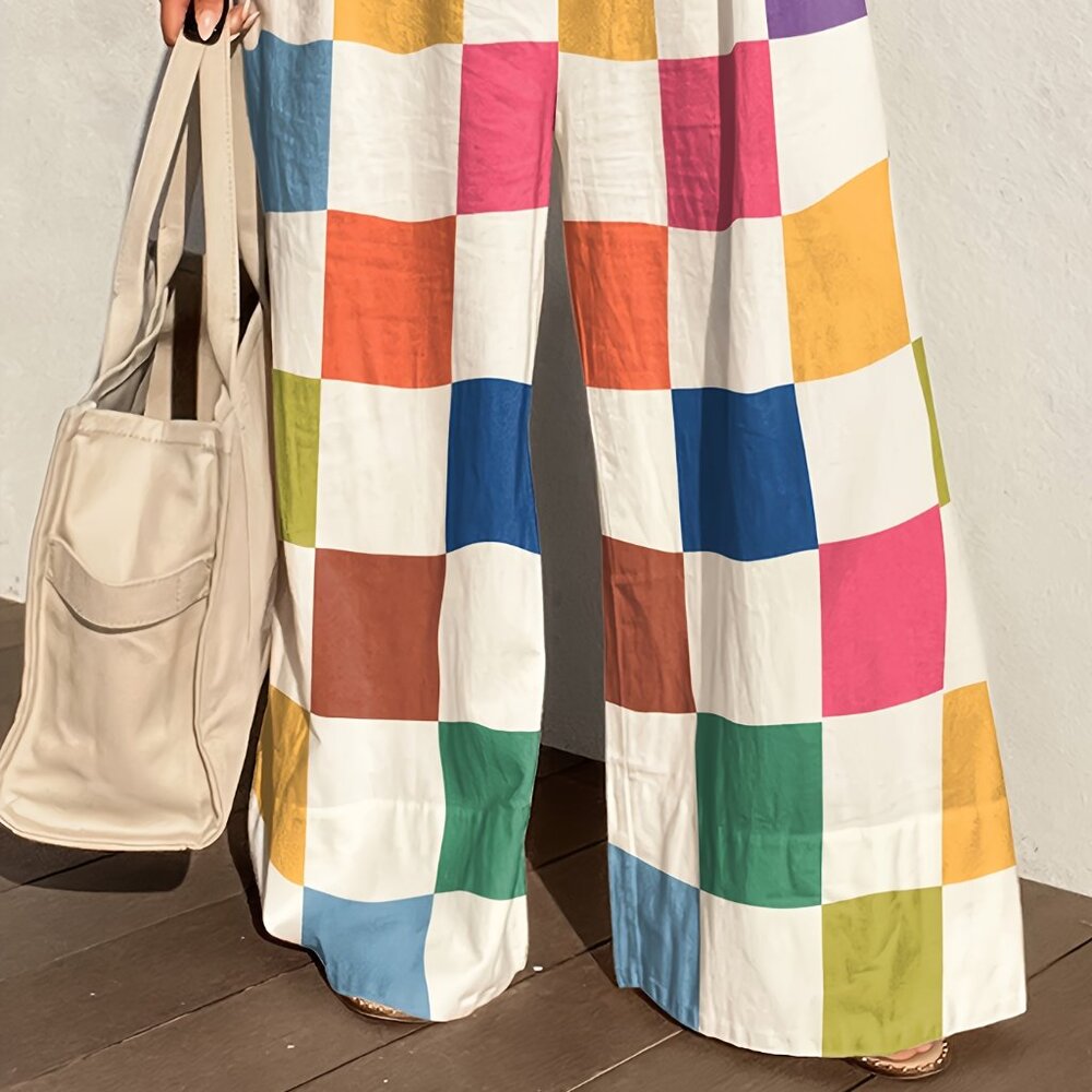 Relaxed-Fit Sleeveless Jumpsuits with Contrasting Plaid Patterns - Picture 3 of 3